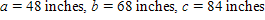 Referring to triangle ABC, find the area of the triangle. Round to three significant digits. S = __________ inches<sup>2</sup>