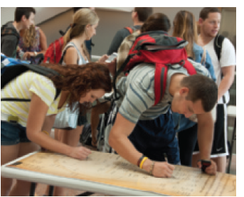 <strong> One study found that cheating on tests on campuses with honor codes, like the code being signed in the accompanying figure, is typically ____ compared to campuses that do not have honor codes.</strong> A)the same B)one-third to one-half less C)twice as much D)one-third to one-half more