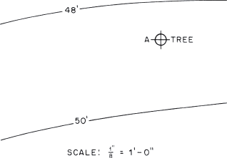 <strong> What is the first step in interpolating the elevation of the tree at point A in the accompanying figure?</strong> A) Subtract an amount from the nearest contour line B) Scale the distance between the two adjacent contour lines C) Scale the distance from the unknown point to the nearest contour line D) Multiply the contour interval by the fraction of the distance between the contour lines