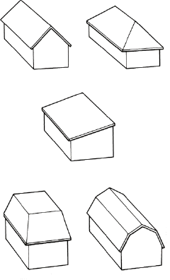 <strong>  Which roof type is shown at the top left of the accompanying picture?</strong> A) gable B) mansard C) shed D) hip <div style=padding-top: 35px> 