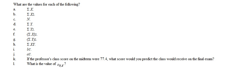 A professor wanted to predict final exam scores from midterm exam scores. He used data from several different professors teaching the same class. He obtained the following data: What are the values for each of the following?