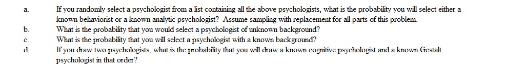 The local psychological association reports that in a particular community there are 36 analytic psychologists, 57 behaviorists, 92 cognitive psychologists, 17 Gestalt psychologists and 42 of unknown theoretical background.
