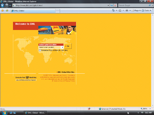 Some large corporations such as DHL, shown in the accompanying figure, use a corporate ____________________ page that combines limited information and links with eye-catching images or animations to direct visitors to the home page at subsidiary sites.