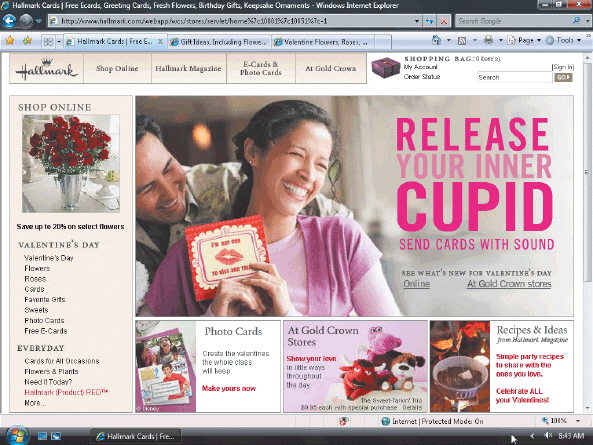 Using the accompanying figure, identify the content on the Hallmark home page that answers a visitor's Who? What? and Where? questions about the site.