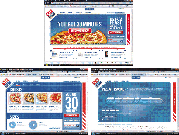 Using the accompanying figure, briefly describe how visual consistency is created at the Domino's Web site.