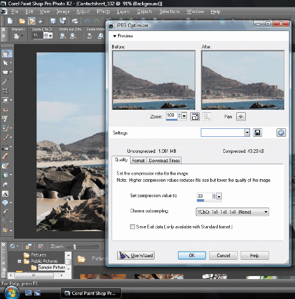 Using the accompanying figure, discuss the relationship between JPEG compression values and image quality.