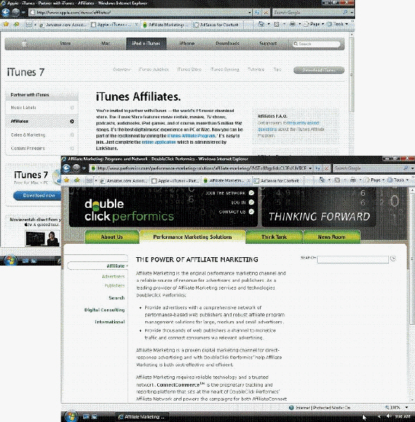 Describe an affiliate program and discuss the advantages of participating in an affiliate program, such as those illustrated in the accompanying figure, as both an advertiser and as a publisher.