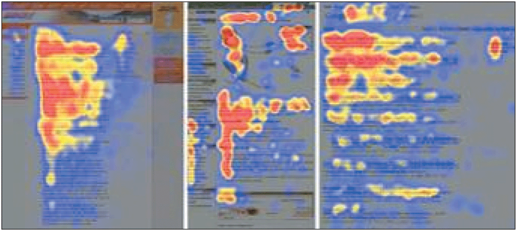 <strong> What is analyzed in the figure shown?</strong> A)The movements of a visitor on a touch screen. B)The areas of content that meet UX standards. C)The movement of visitors' eyes as he or she views a webpage. D)The areas of the webpage that provide additional links to subsidiary webpages.