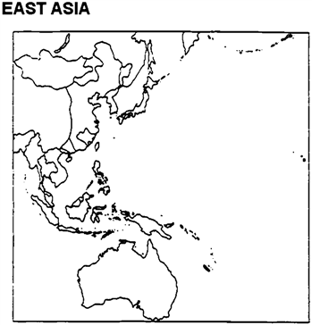 Please use this outline map of East Asia to answer the question(s). On a map of East Asia, note the following sites: Midway Island, Iwo Jima, Okinawa, Tokyo, Hiroshima, and Nagasaki.