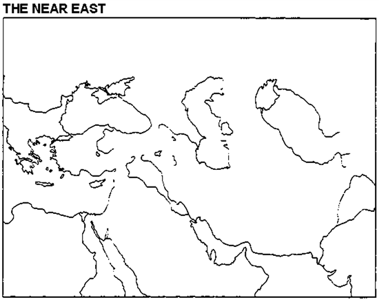 Instructions: Please use this outline map of the Near East to answer the question(s). Locate and label the following: Alexander's home country, the river at the edge of the territory that was the furthest point Alexander reached in his campaigns, and the capital city of the Persian empire he conquered.