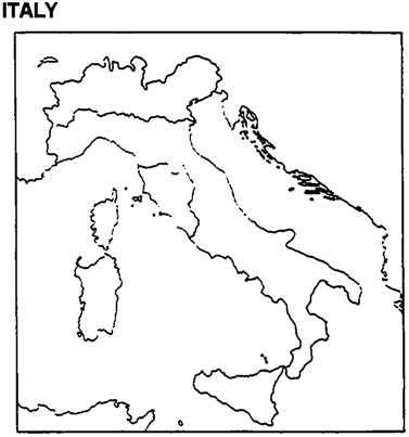 Instructions: Please use this outline map of Italy to answer the question(s). Locate and label the five major powers that emerged on the Italian peninsula: the kingdom of Naples and Sicily, the Papal States, Florence, Venice, and Milan.